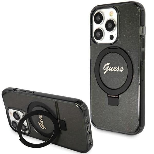 Guess Capa Ring Stand Script Glitter MagSafe para Apple iPhone 15 Pro Max Black