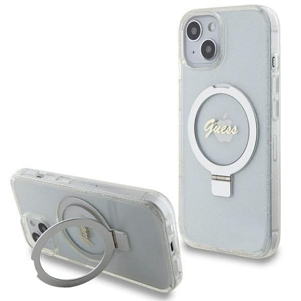 Guess Capa Ring Stand Script Glitter MagSafe TPU Transparente iPhone 15/14/13