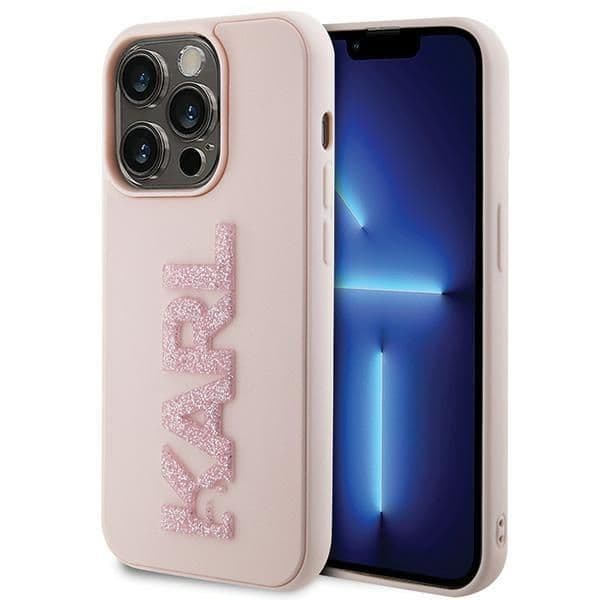 Karl Lagerfeld Capa 3D Rubber Glitter Logo para Apple iPhone 15 Pro Rosa