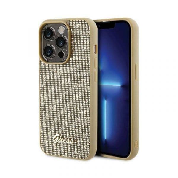 Guess Capa Disco Metal Script para iPhone 15 Pro Gold