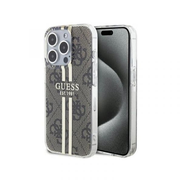 Guess Capa IML 4G Gold Stripe para iPhone 15 Pro Brown