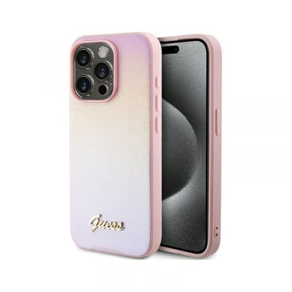 Guess Capa Saffiano Iridescent Script para iPhone 15 Pro Rosa
