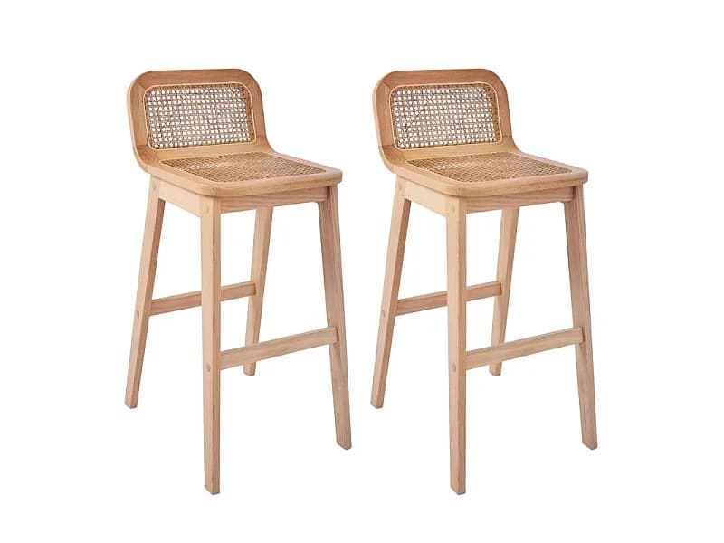 Conjunto de ilha e cadeiras de bar em carvalho com assento em cana de 65 cm SANA