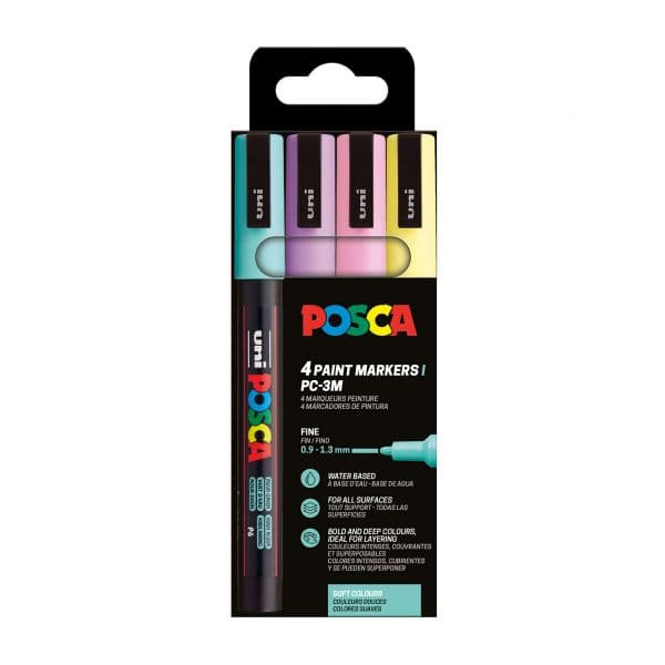 Uni Marcador Posca PC-3M Fino 0.9-1.3mm Conjunto 4 Cores Suaves