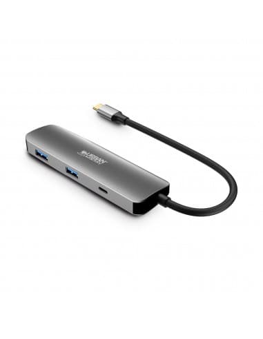 Urban Factory Hubee Hub USB-C 4 em 1 com PD 100W, HDMI 4K, 2x USB-A 3.0, USB-C 3.0, Cinzento/Gris Metal