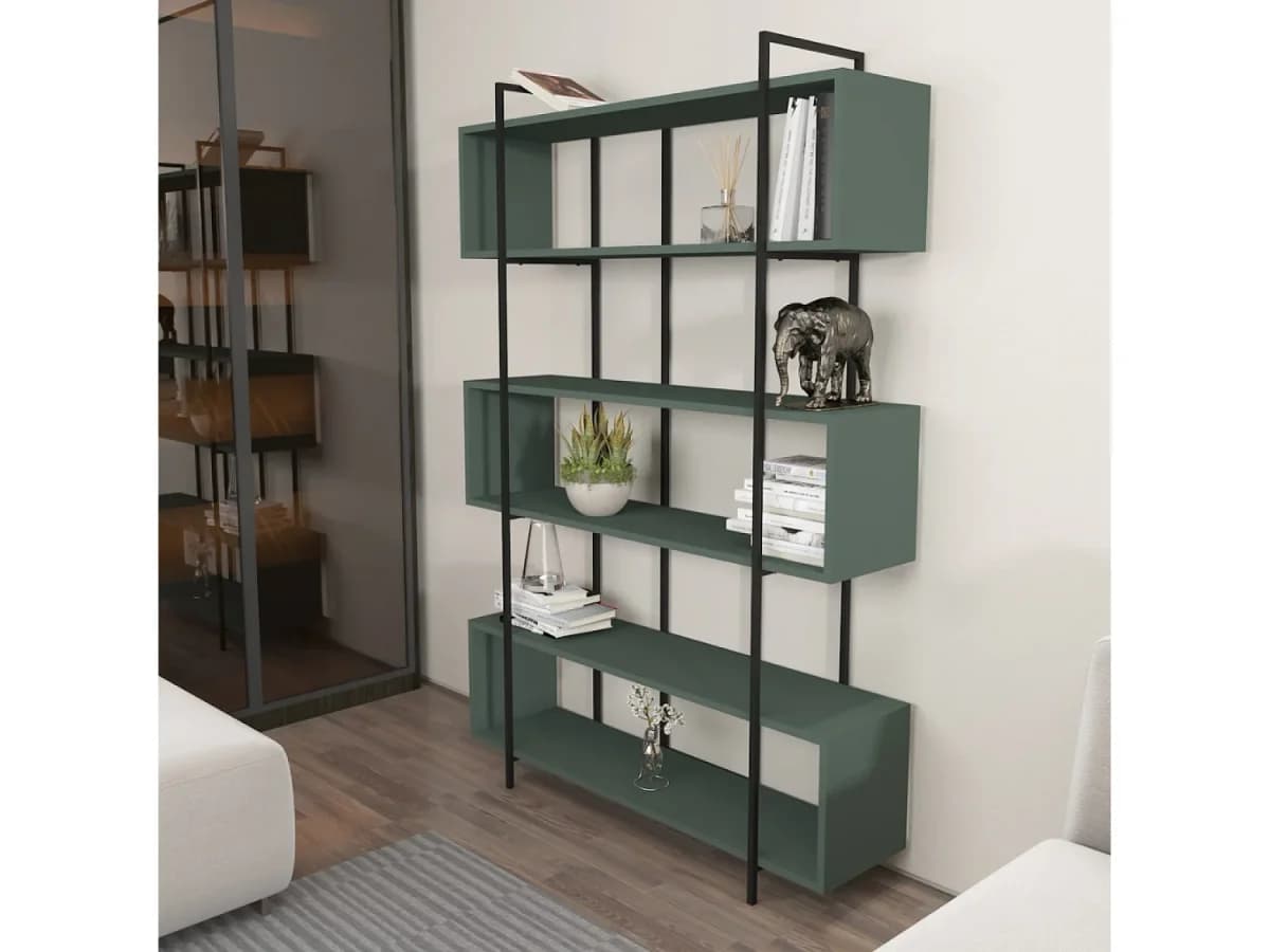 Biblioteca contemporânea verde 180cm LULI - Estante Kotor estilo industrial, 12 prateleiras, carvalho antracite, grande capacidade de armazenamento