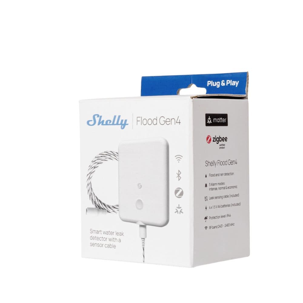 Shelly Sensor de fugas de água com WiFi / Zigbee / Matter e cabo de deteção -Shelly Flood Gen4