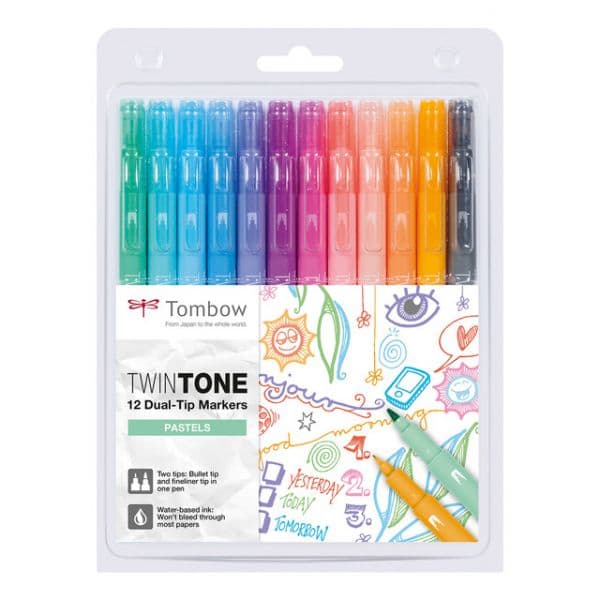 Tombow Estojo de 12 Marcadores com Ponta Dupla Aguarelável Twin Tone Pastéis Transparente