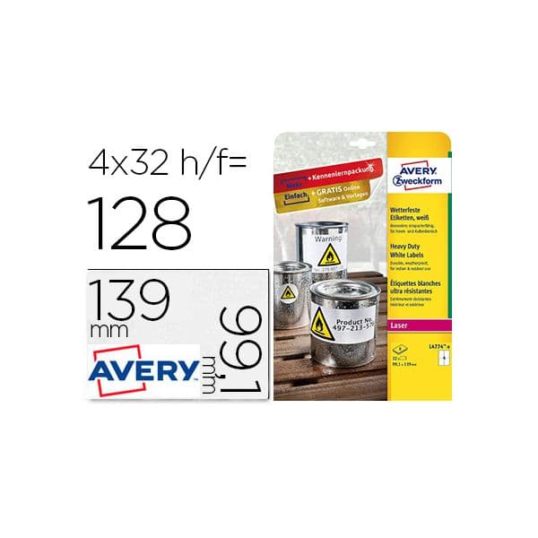 Avery Etiquetas de Utilização Intensiva p/ Impressora a Laser Resistentes às intempéries 99,1 X