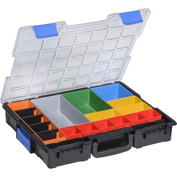 Kaiser+Kraft Mala Profissional para Peças Pequenas, Cxlxp 440 X 355 X 76 mm, Embalagem de 2 Unid., com 18 Caixas de Encaixe Preto, Transparente