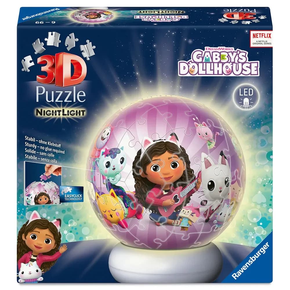 Ravensburger Puzzle 3D Gabby's Dollhouse Puzzleball com Luz 74 Peças - 08059