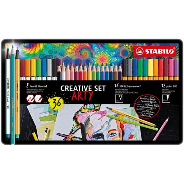 Stabilo Estojo Arty 'creative Set' com 12 Canetas de Feltro de Ponta Fina Point 88 + 8 Canetas de Feltro Premium Pen 68 + 12 Lápis de Cor Aguareláve