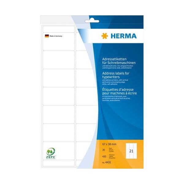 Herma Perforated Labels 67X38 20 Sheets DIN A4 420 pcs. - 4431