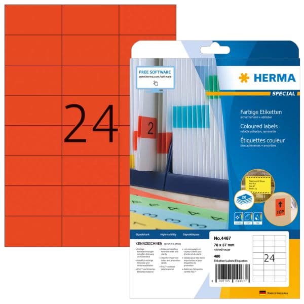 HERMA Etiquetas A4 70x37 mm Papel Mate Vermelho 480 Unidades