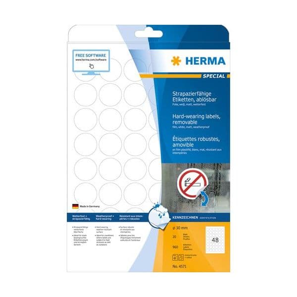 Herma hard-wearing Labels round 30mm 20sh. DIN A4 wh 960pc. - 4571