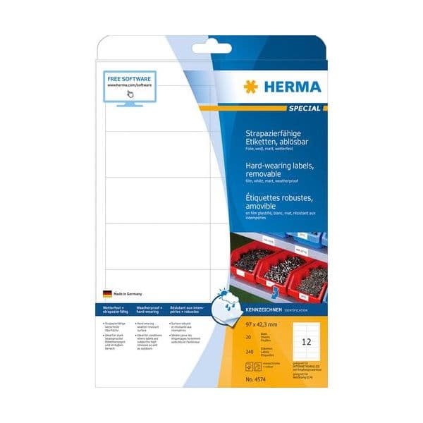 Herma hard-wearing Labels 97,0 x42,3 20sheets Branco 240pc. - 4574