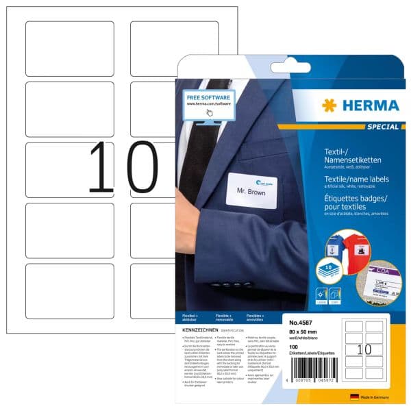 Herma Etiquetas Têxteis A4 80x50mm Brancas 100 Fichas e Autoadesivas Retangulares Removíveis 4587