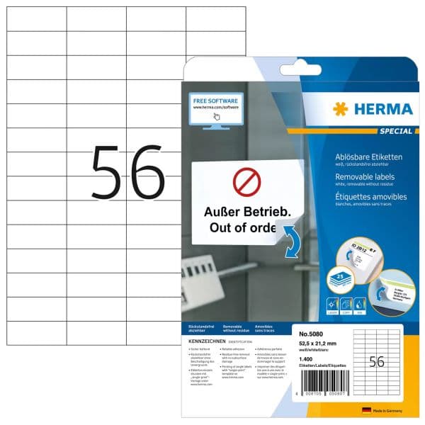 Herma Etiquetas Autoadesivas Removíveis A4 52,5x21,2 mm Brancas 1400 Unidades Modelo 5080