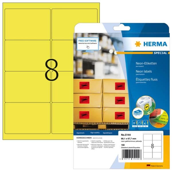 Herma Etiquetas Néon Amarelas A4 99.1x67.7 mm 20 Folhas 160 Unidades