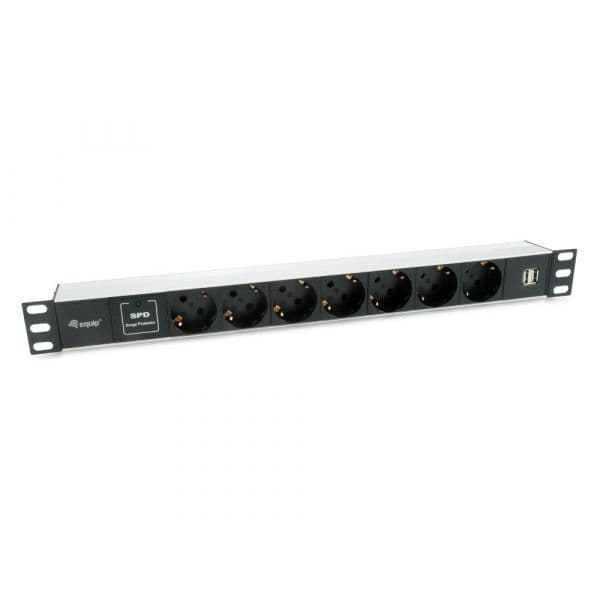 Equip Régua Rack 19" 1U 7x Schuko + 2x USB Aluminio Preto