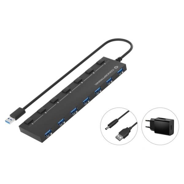 Conceptronic HUBBIES19BP Hub USB 3.0 7 Portas com Adaptador de Energia e Interruptor