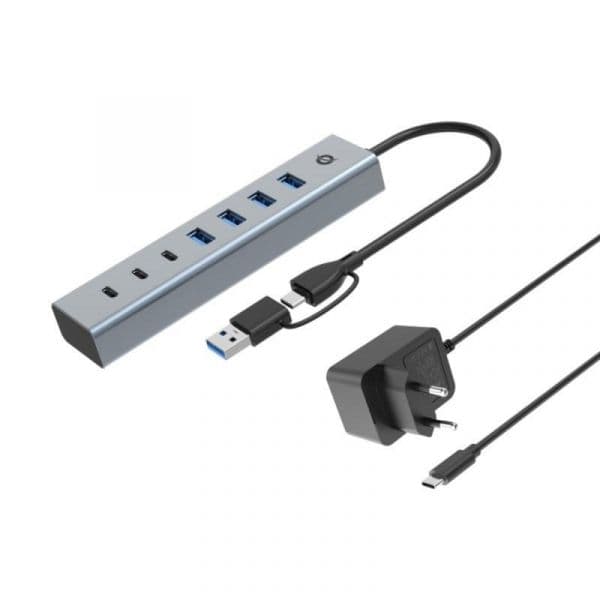 Conceptronic HUBBIES20GP Hub USB com 4x Tipo-A + 3x Tipo-C 5000Mbit/s e USB/AC Alumínio Cinzento