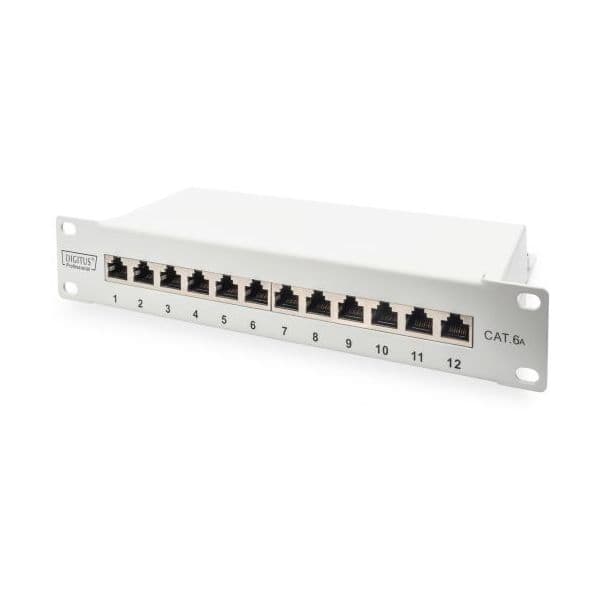 Digitus Cat 6A Patch Panel, Shielded, 12-Port Label Field, 1U, 10" Rack Mount, Grey Ral 7035 - DN-91612S-EA-G