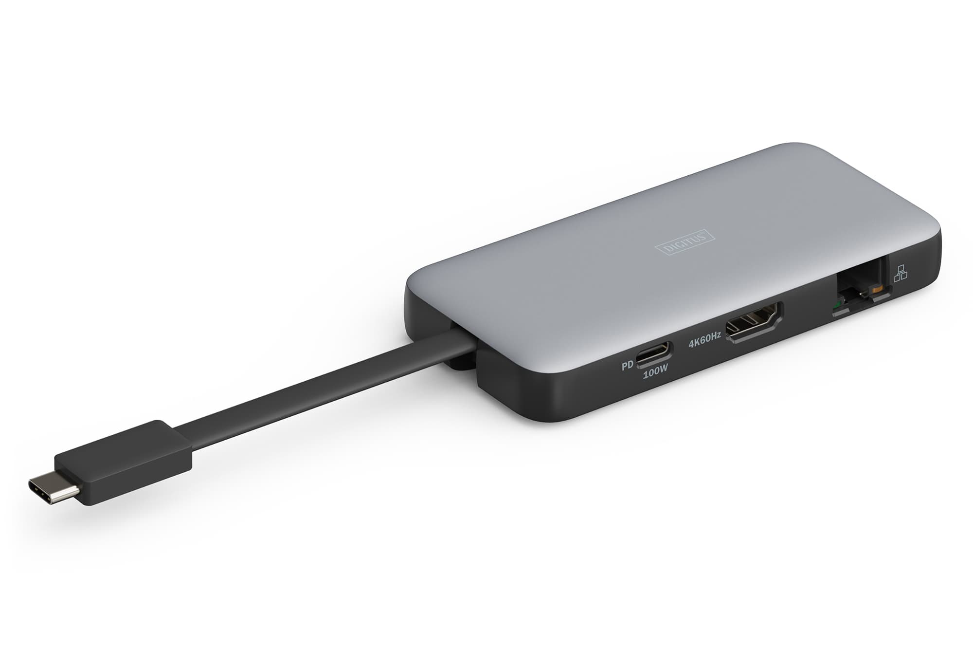 Digitus Estação de Docagem Portátil DA-70916 USB-C 7 Portas 4K/60Hz HDR HDMI USB-A 3.2 Gen1 Ethernet Gigabit SD/Micro SD PD 100W cinzento/preto