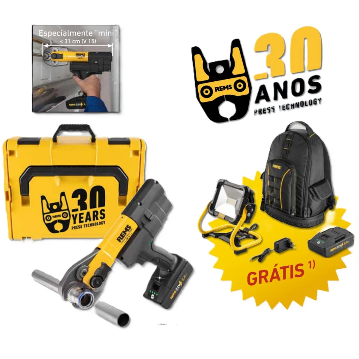 Kit prensadora Mini-Press 22V ACC L-box [578017 R30J]+ 2 Baterias 2.5Ah +Projetor led [175210 R220] +Mochila refª 578x28 R30J Rems - 578x28_R30J - Ferramentaspro.pt