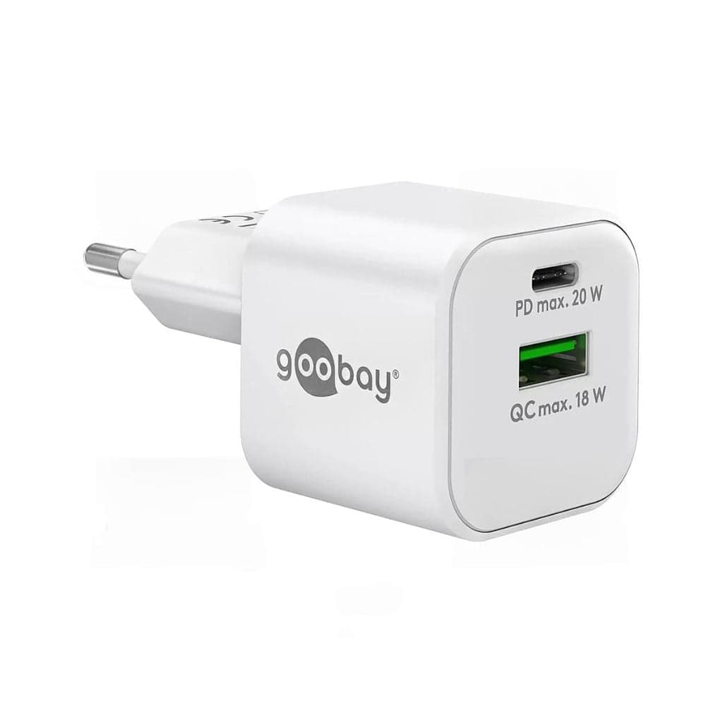 Goobay Carregador GaN 1×USB-A QC + 1×USB-C PD (20W) em Branco – 65865