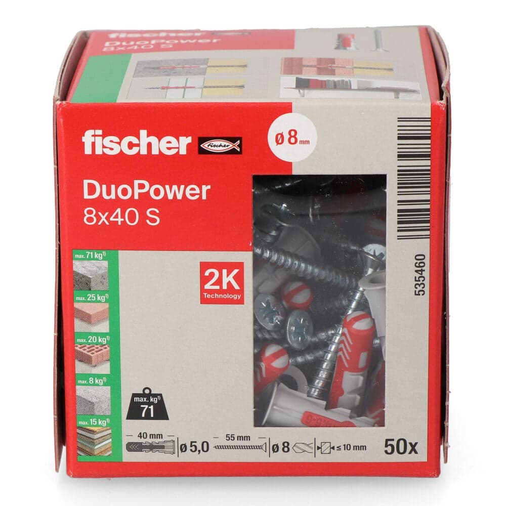 BUCHA FISCHER DUOPOWER Ø8X40MM S+PARAFUSO Ø5X55MM CAIXA COM 50 UN
