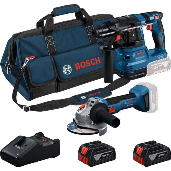 Bosch Kit Profissional Martelo Perfurador SDS-Plus GBH 18V-22 + Rebarbadora GWS 18V-8 125MM com 2 Baterias 18V 4.0Ah, Carregador e Mala 0615V0003C