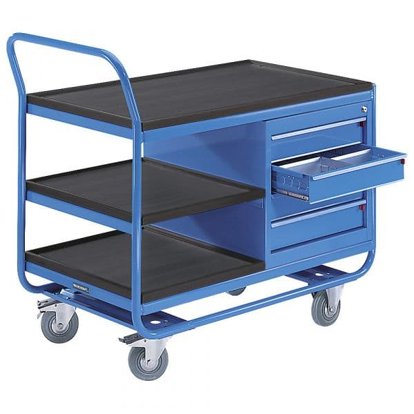 Eurokraftpro Mesa Industrial Rodas, 3 Andares, 1 Armário de Gavetas, Pneus de Borracha Maciça Que Não Deixam Marcas Azul Claro Ral 5012, Preto - M7178-944553