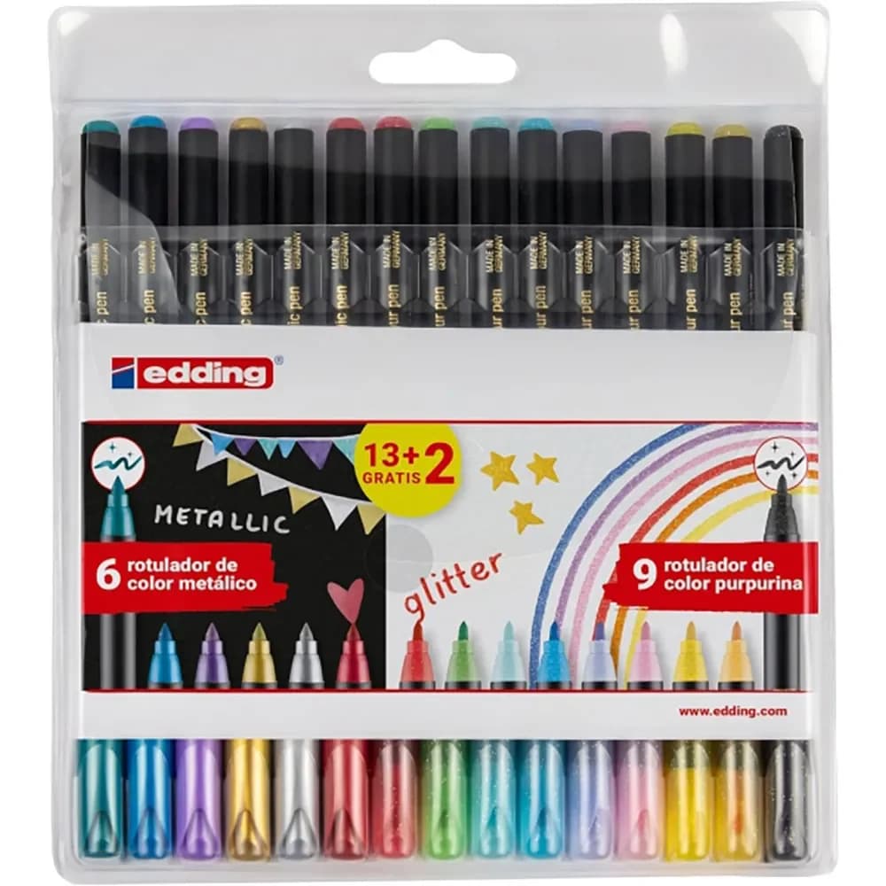 Edding 1200 Marcadores Fibra Ponta Redonda Metálicos e Glitter 1-3mm - Pack 15 Unidades