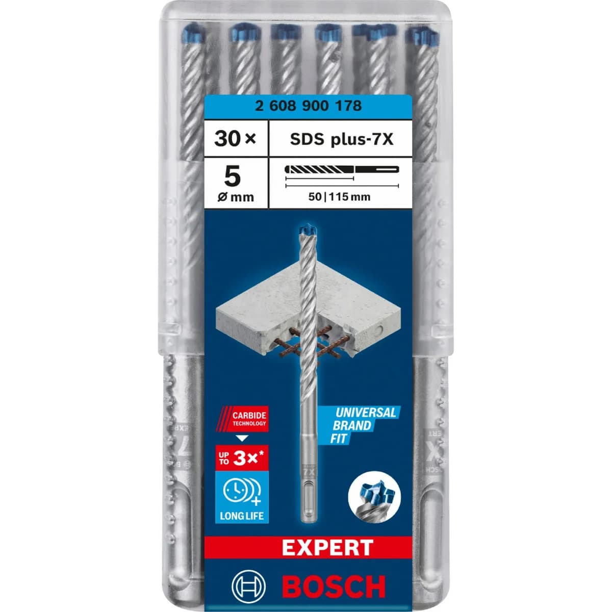 Broca EXPERT SDS plus-7X, 5 x 50 x 115 mm, 30 unidades refª 2608900178 BOSCH - 2608900178 - Ferramentaspro.pt