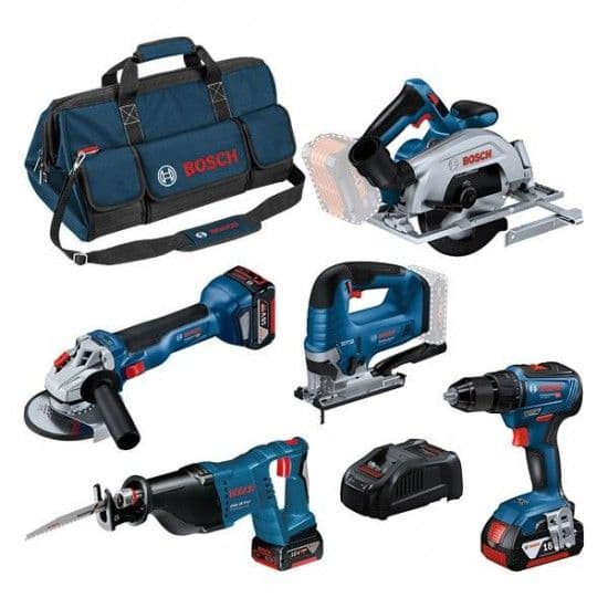 Kit de 5 ferramentas 18V: GSR 18V-55 + GWS 18V-10 + GKS 18V-57-2 + GSA 18V-LI + GST 18V-125 B + 3x 4,0Ah + GAL 1880CV + saco L (C) Professional refª 0615990N39 BOSCH