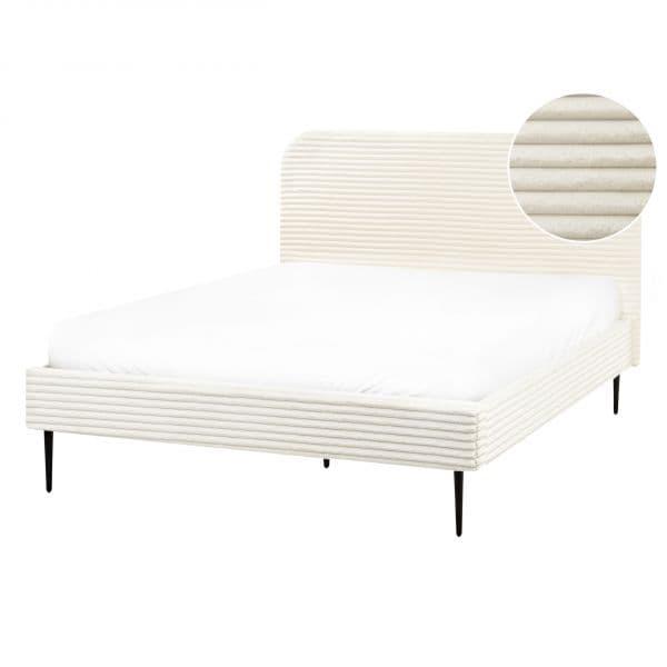 Beliani Cama de Casal em Bombazine Branco-creme 140 x 200 cm com Estrado de Ripas e Pés Pretos