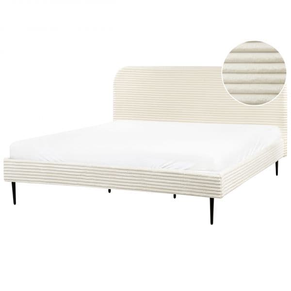 Beliani Cama de Casal em Bombazine Branco-creme 180 x 200 cm com Estrado de Ripas e Pés Pretos