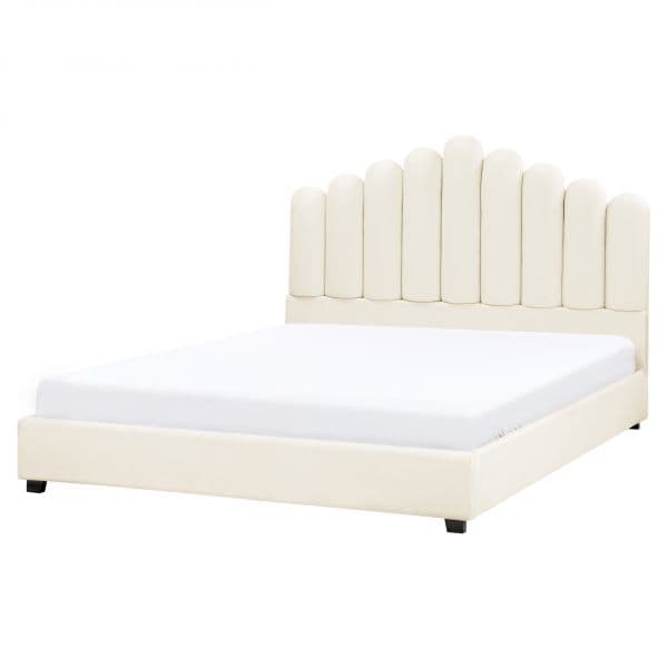 Beliani Cama de Casal em Veludo Branco-creme 160 x 200 Cabeceira em Concha Base Ripada