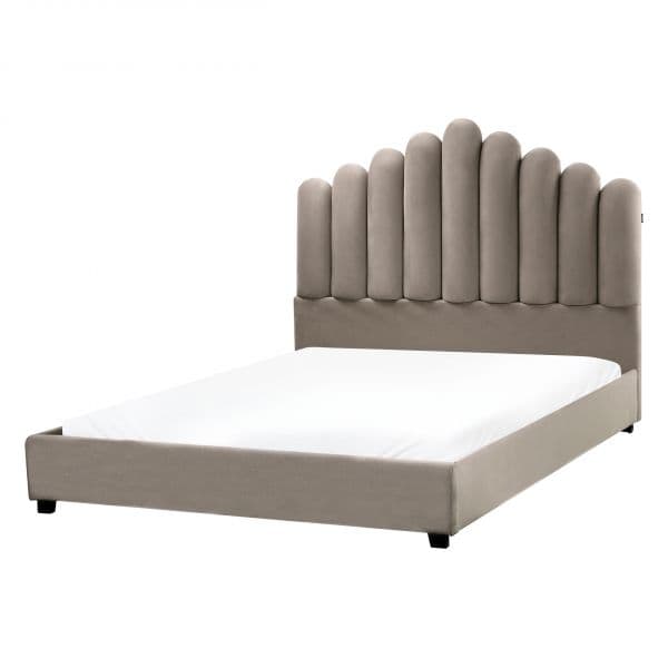 Beliani Cama de Casal em Veludo Taupe 140 x 200 Cabeceira em Concha Base Ripada