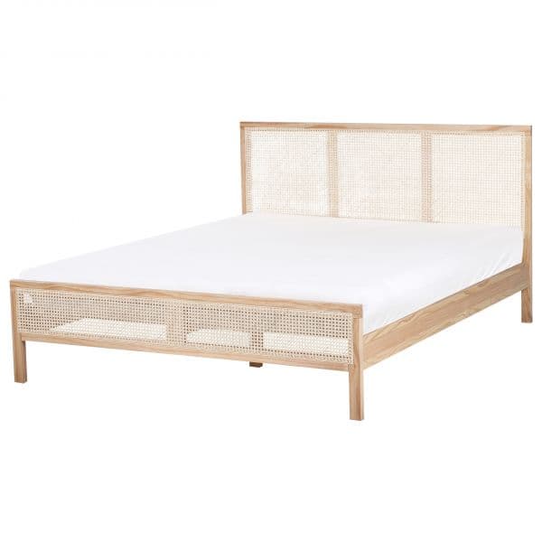 Beliani Cama de Casal em Madeira de Pinho Castanha Clara 160 x 200 cm com Cabeceira em Trança Vienense de Estilo Rústico Minimalista