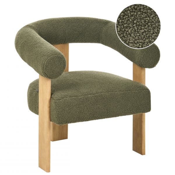 Beliani Poltrona Estofada em Bouclé Verde com Pernas de Madeira Castanha Clara Design Retro Cadeirão para Sala de Estar
