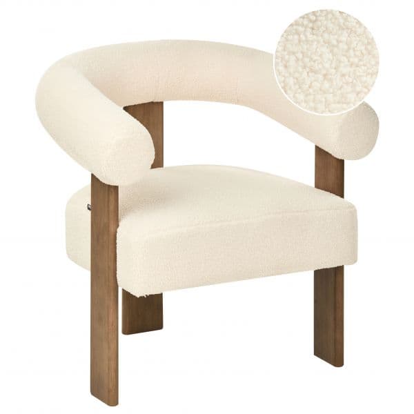 Beliani Poltrona Estofada em Bouclé Branco-creme com Pernas de Madeira Castanha Escura Design Retro Cadeirão para Sala de Estar