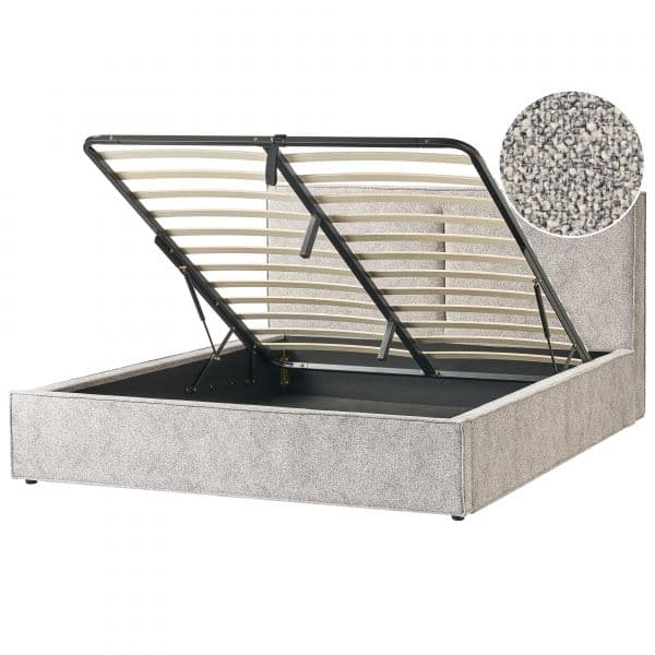Beliani Cama de Casal 180 x 200 cm Estofada em Veludo de Malha Creme e Cinzenta com Compartimento de Arrumação Quarto Contemporâneo e Moderno