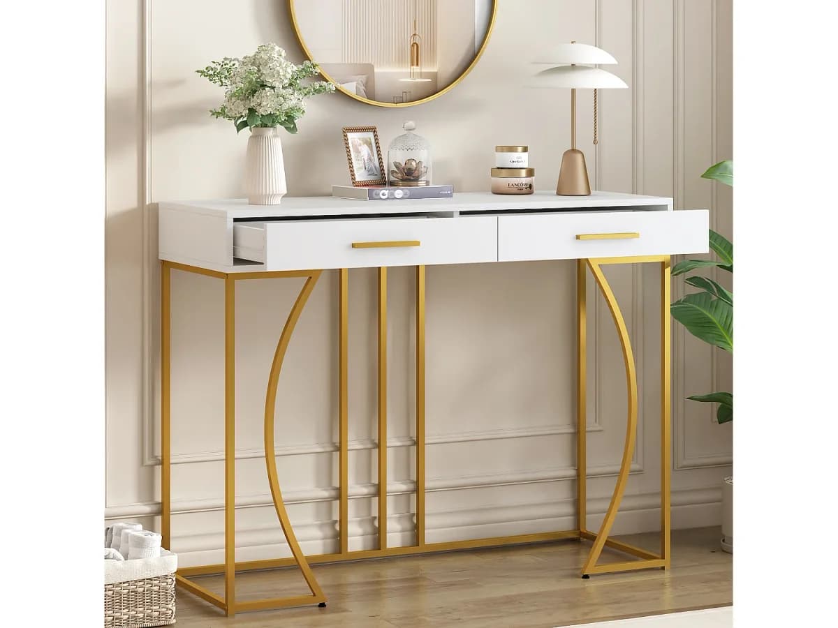 Mesa consola com 2 gavetas - Pés em metal dourado - Branco 110x32x85 cm