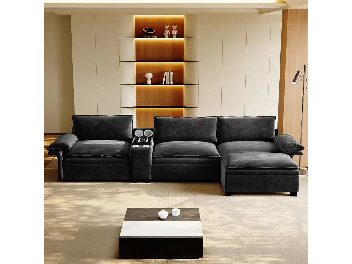 Sofá de canto modular de 3 lugares em chenille - Carregamento sem fios, suporte para copos e pufe - Preto