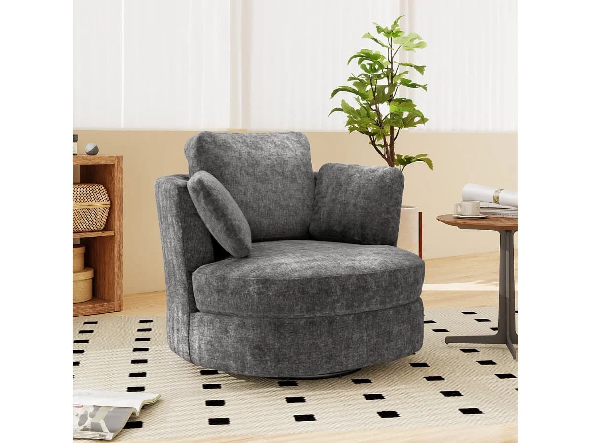 Poltrona giratória 360° em chenille cinzento com 3 almofadas