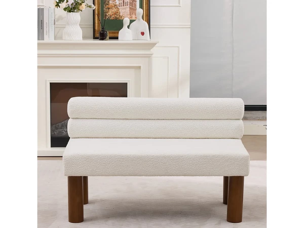 Banco de 116 x 59 x 72 cm em tecido bouclé bege com estrutura em madeira