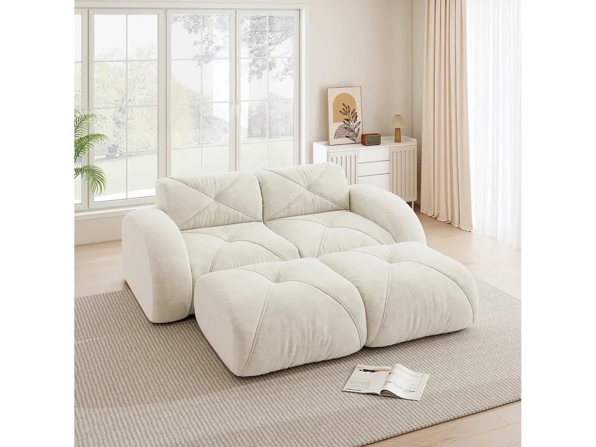 Canapé 2 Lugares Modular com 2 Pufes em Chenille, Design Minimalista sem Estrutura, Assento Profundo e Flexível - Branco