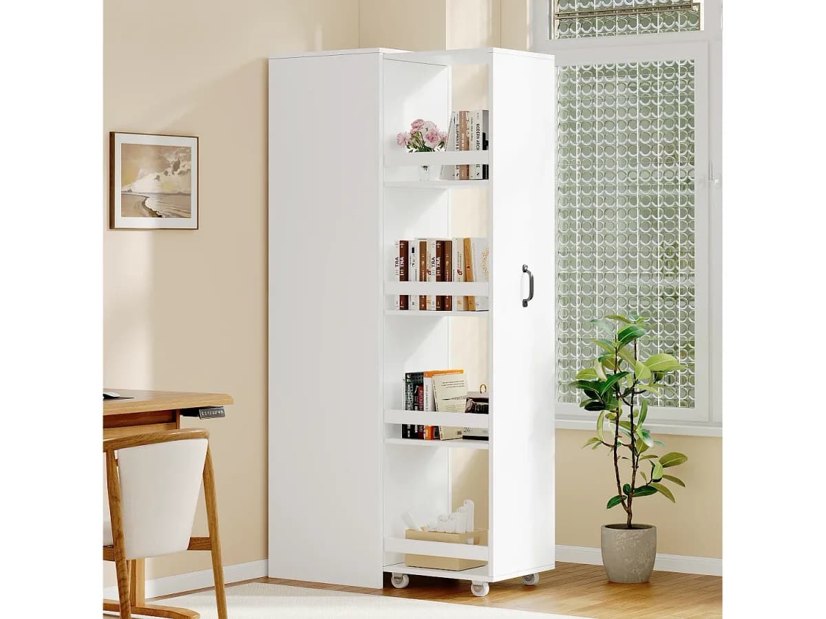 Biblioteca, estante de armazenamento móvel - com rodízios, barras de proteção e caixas de armazenamento - MDF - branco